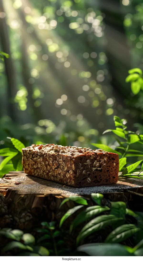Loaf of bread on a cut log surrounded by green leaves and sun rays shining through the trees