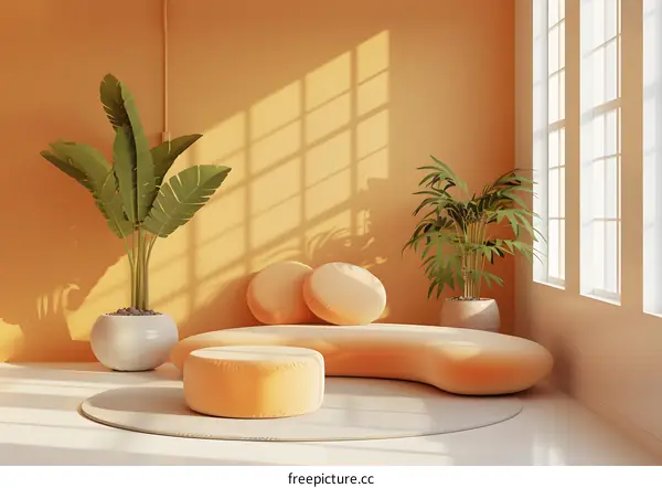 Minimalist living room interior with sofa and plants