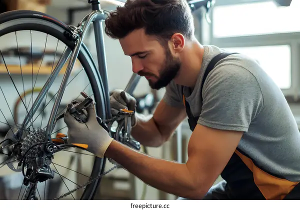 Man Wearing Gloves Fixing Bicycle in Workshop