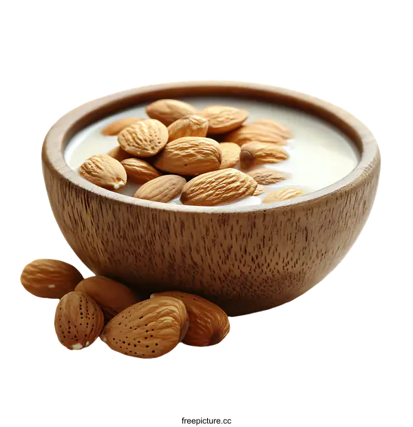 [Transparent Background PNG]Almond Milk and Almonds in Wooden Bowl