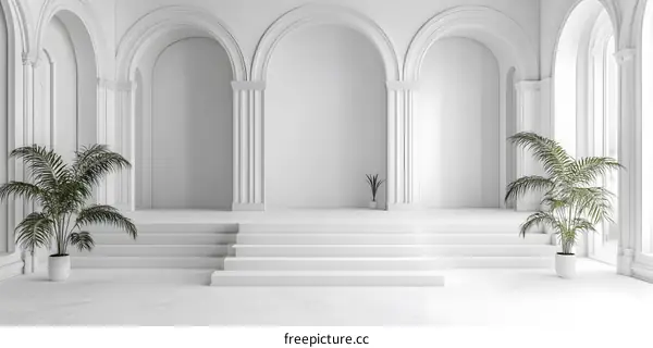 White Interior Design with Arches and Palm Plants