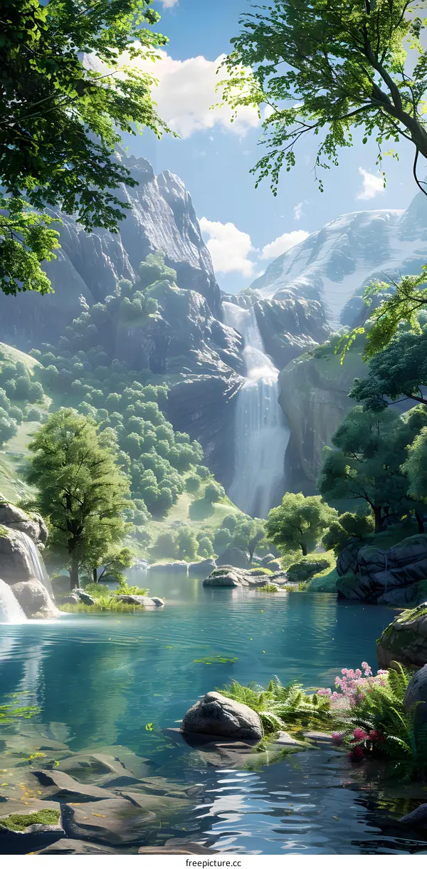 Majestic Waterfall amidst Towering Mountains