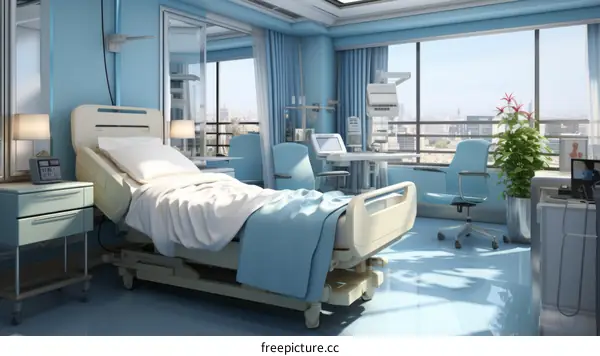 A hospital room with a bed, medical equipment, and a plant