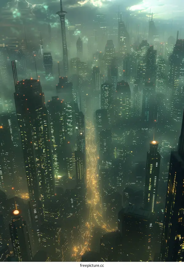 Futuristic Cityscape in Foggy Night