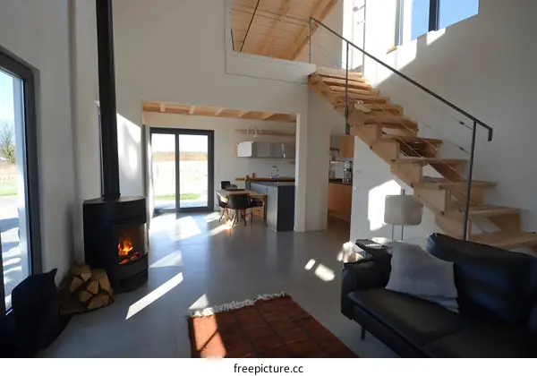 Modern Living Room With Fireplace and Staircase