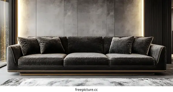 Modern Dark Gray Velvet Sofa in a Concrete Wall Living Room