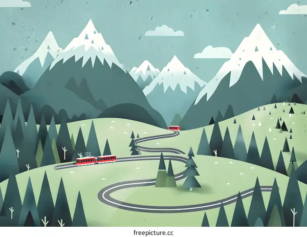 Red Train Mountain Landscape Illustration