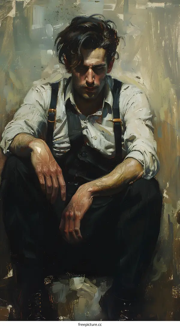 Oil Painting Portrait of a Young Man with Suspenseful Expression