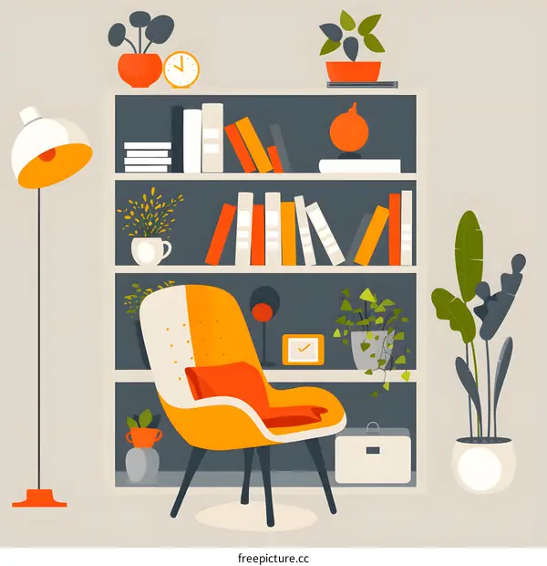 Modern Living Room Interior Design With Bookshelf And Comfortable Chair