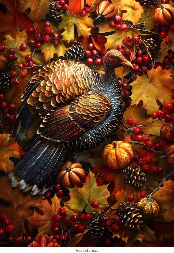 A Thanksgiving turkey surrounded by pumpkins and fall leaves.