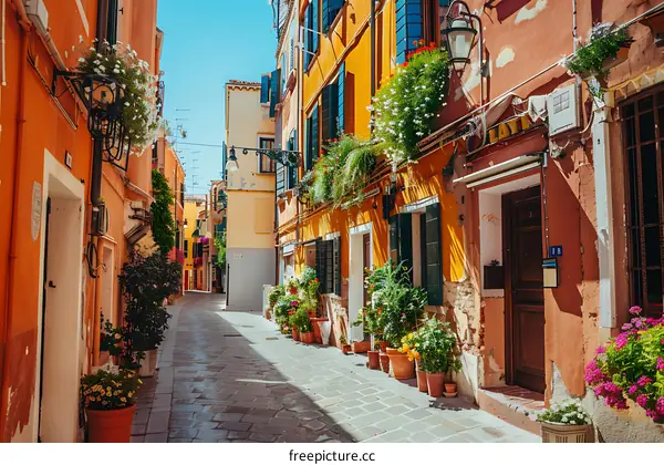 Narrow Cobblestone Street In A European City With Colorful Buildings