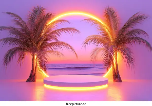 Neon Sunset Beach Scene with Palm Trees