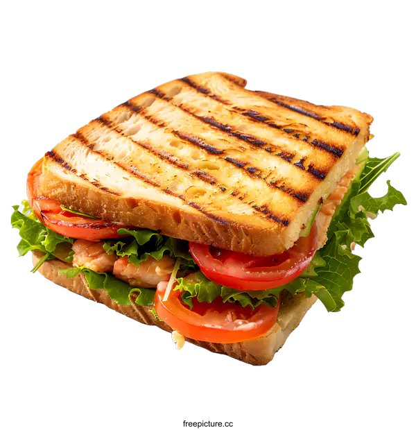 [Transparent Background PNG]Grilled salmon sandwich with lettuce and tomato
