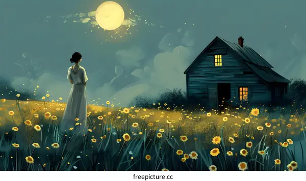 Woman Standing in Field of Flowers Under the Moonlight