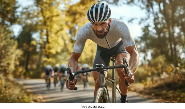Focused Cyclist Leading a Cycling Race