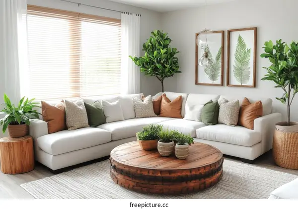 Modern Cozy Living Room with Plants and a Round Coffee Table