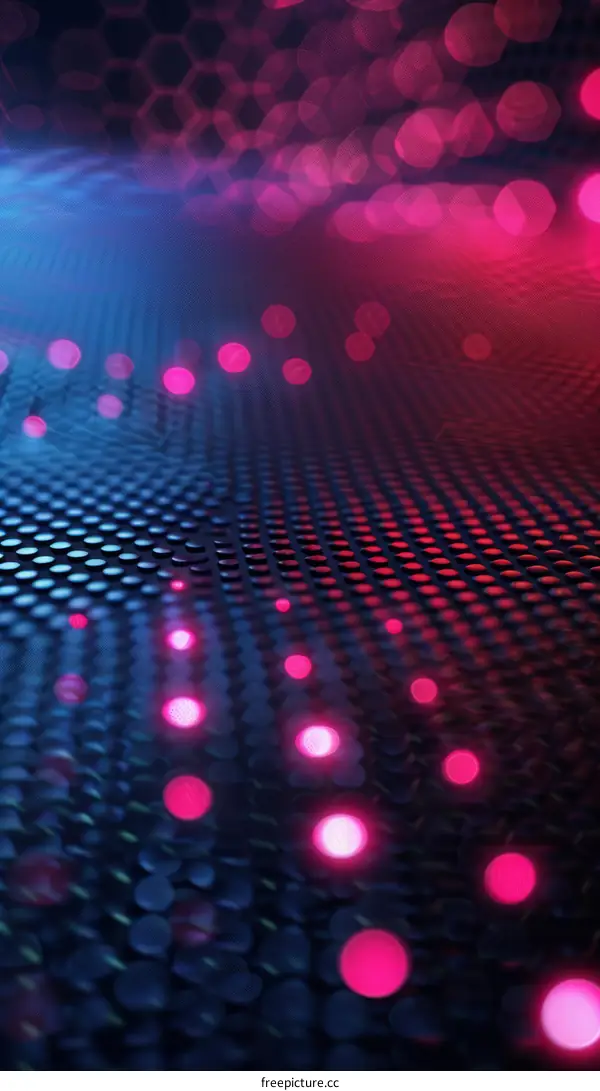 Pink and blue neon glowing lights on a perforated metal surface