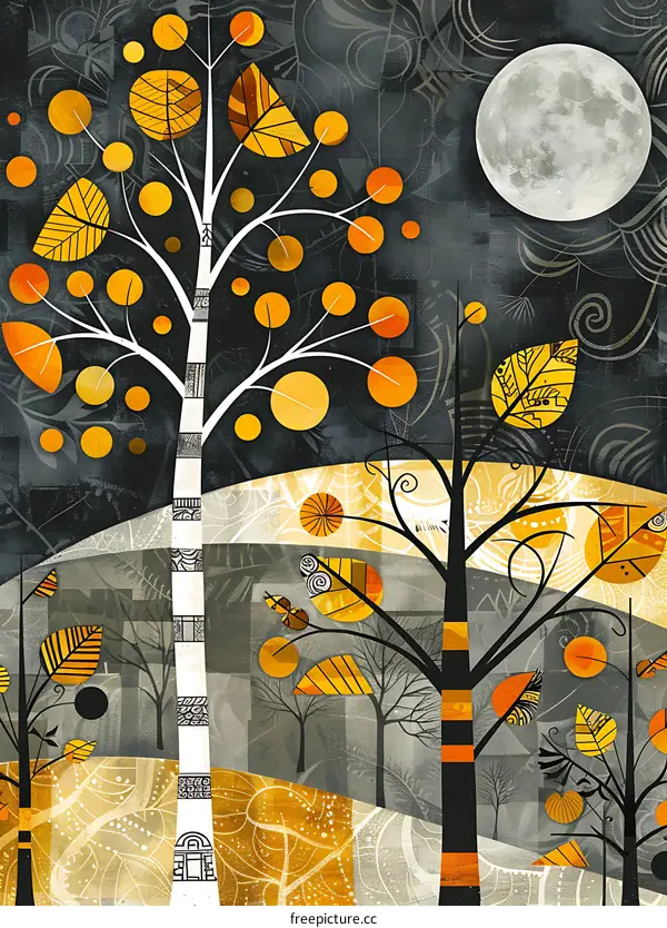 Abstract Autumn Trees with Full Moon
