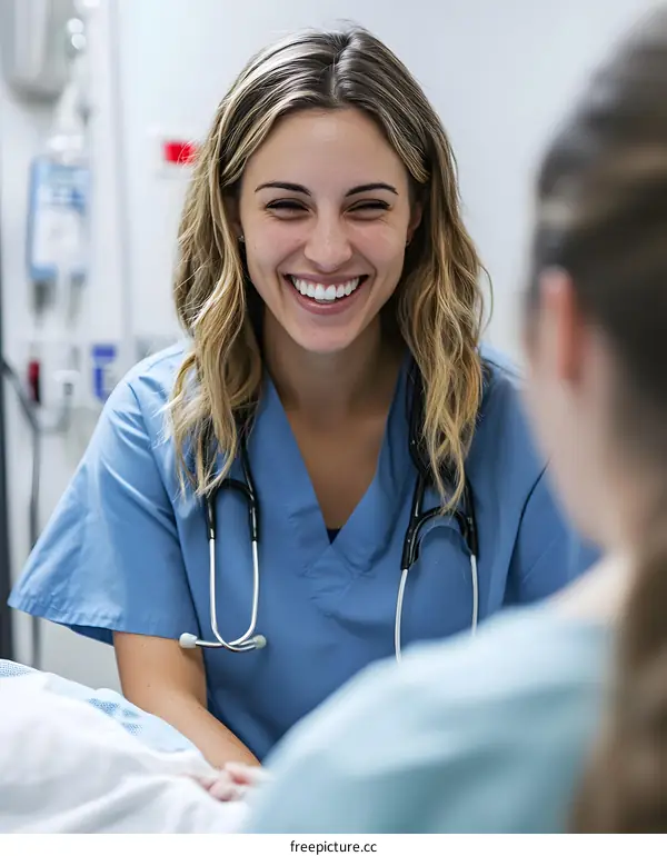 Smiling Nurse Talking to Patient in Hospital Room
