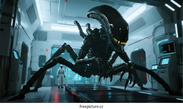 Alien Creature in Futuristic Spaceship Corridor with Human Figure