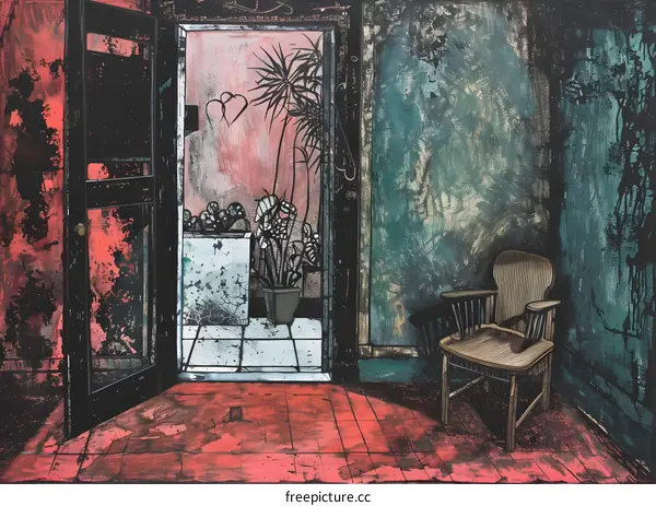 Abstract Art Painting of Interior Room with Chair and Doorway