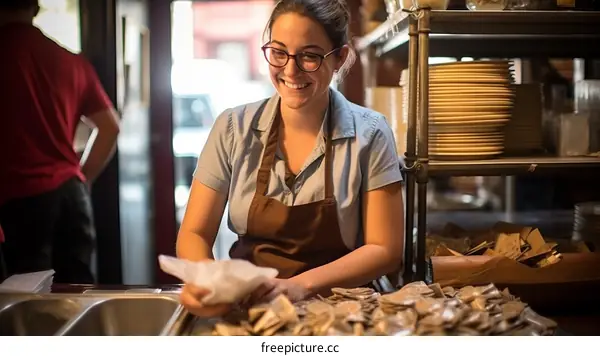 Smiling waitress wearing glasses and apron