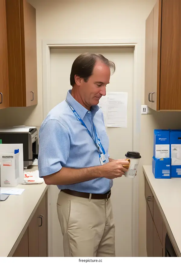 Man in Blue Shirt Holding Coffee Cup in Office