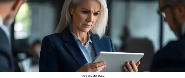Serious Businesswoman Holding Tablet During Meeting