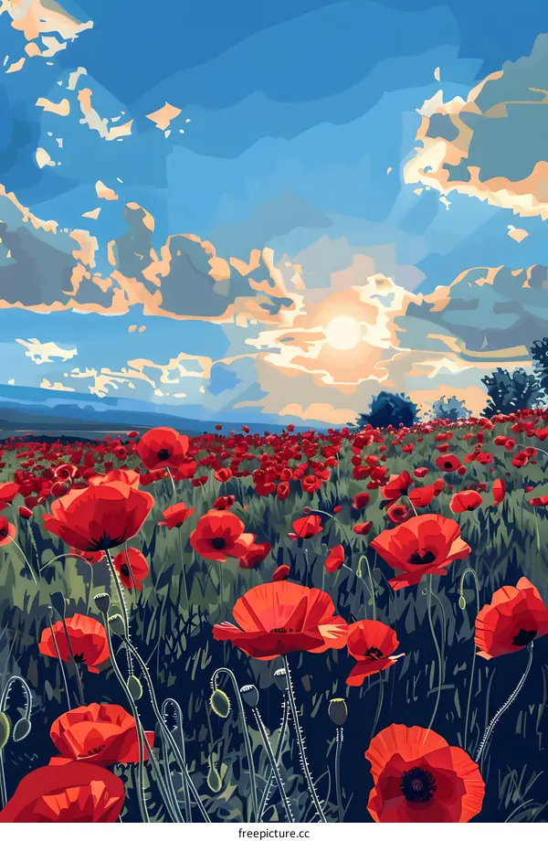 Poppy Field Landscape Illustration with Sunset and Clouds