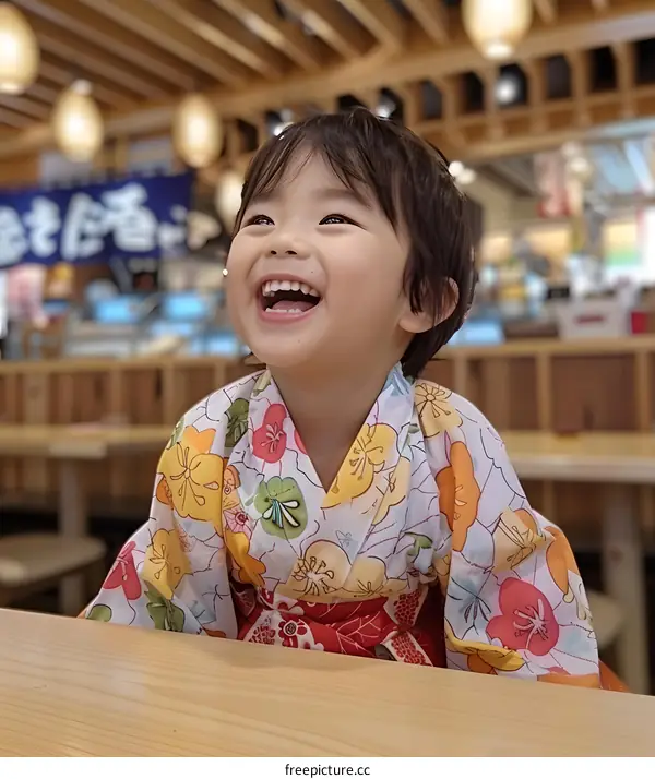 A cute Japanese girl wearing a kimono is sitting at a table and laughing