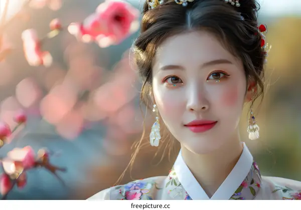 Portrait of a young woman in traditional Korean dress, or Hanbok