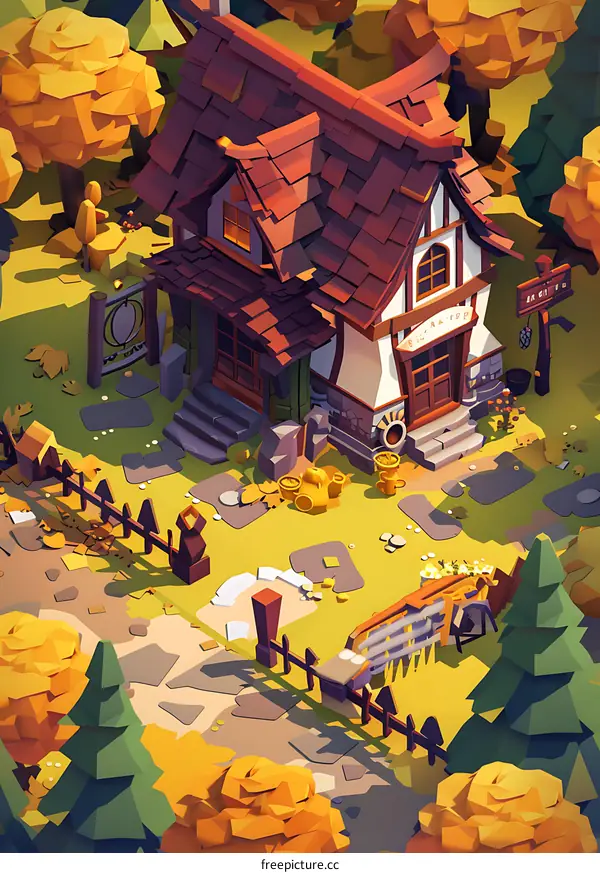 Low Poly Illustration of a Small Cottage in the Woods