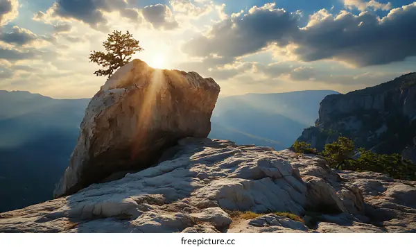 Sunset on a Mountain Peak with a Tree