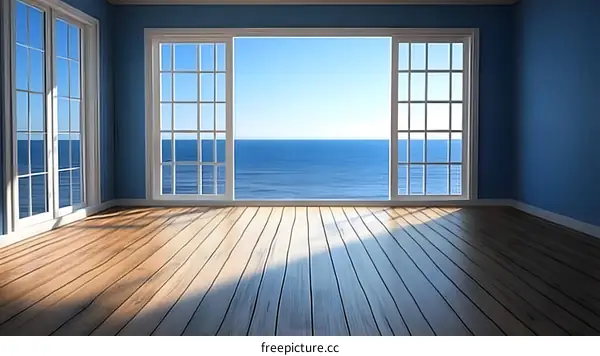 Blue Room With Large Windows Looking Out To The Ocean