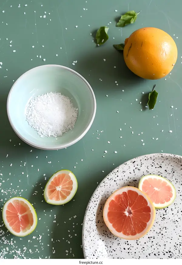 Grapefruit, Lemon, and Salt on Green Surface