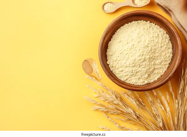 Bowl of Wheat Flour with Wheat Stalks on Yellow Background