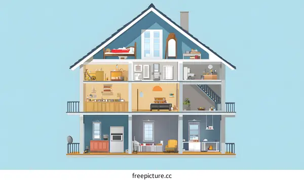 Cross Section View of a House with Furnishings