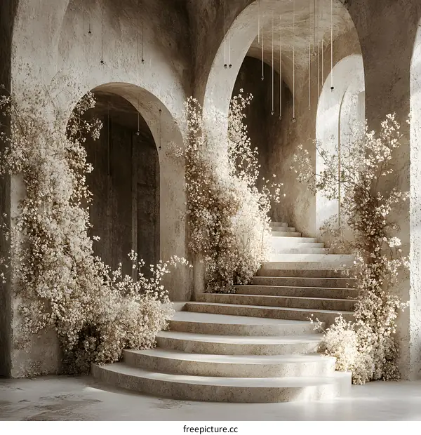Stone Archway Decorated with White Flowers and Stairs