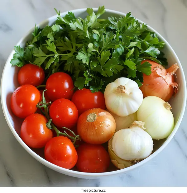 Fresh vegetables and herbs on a white bowl