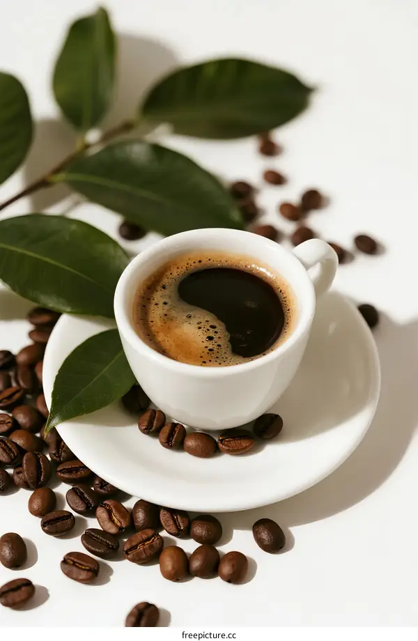 A cup of black coffee with coffee beans and leaves around