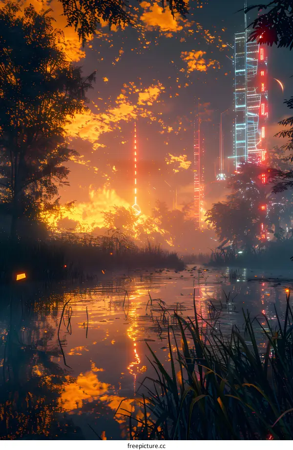 Futuristic Cityscape Reflected in Water