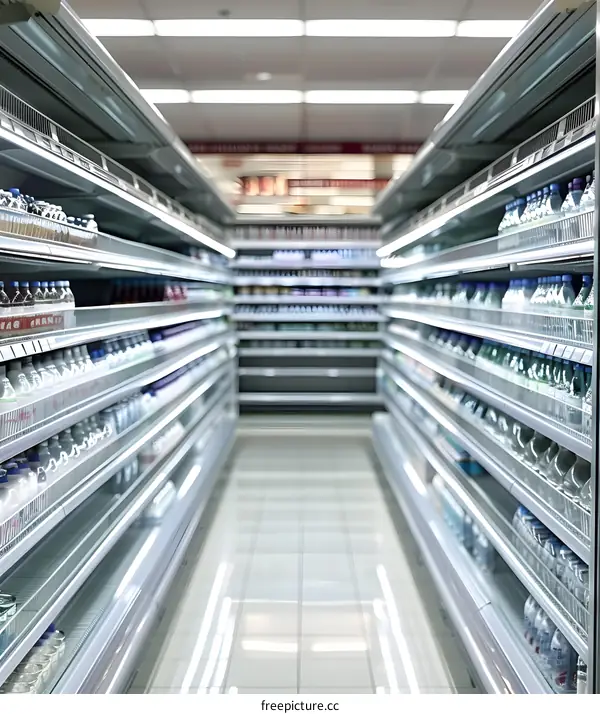 Empty Grocery Store Aisle With Shelves Stocked With Water Bottles