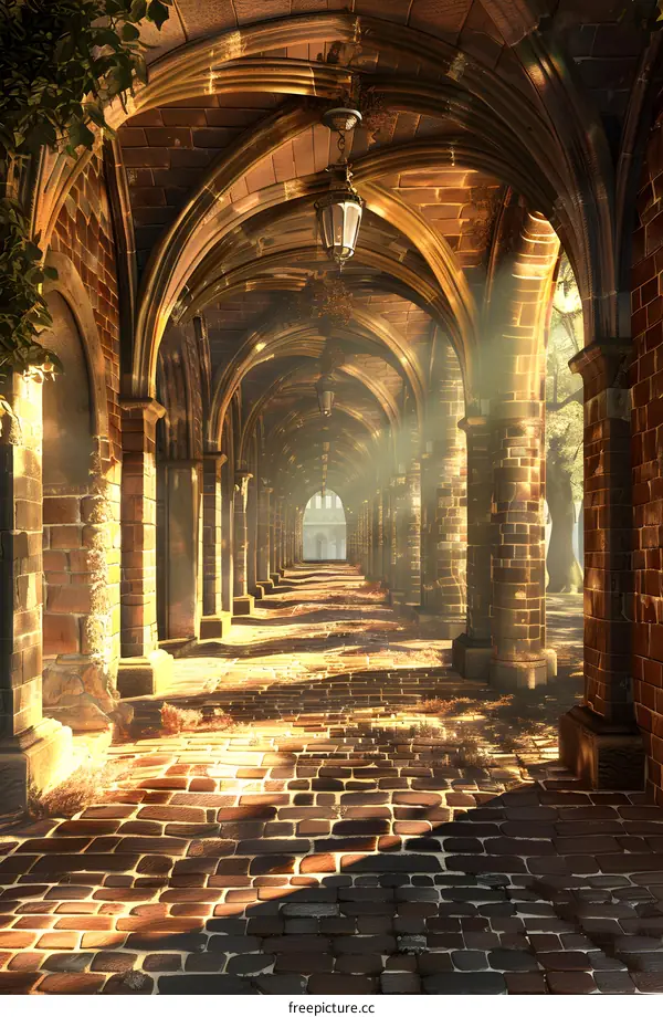 Long brick corridor with arches and a single light source