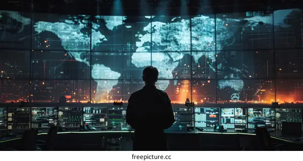 Military Officer Monitoring Global Operations in High Tech Command Center
