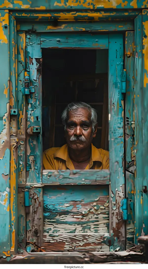 Portrait of an old man looking through a blue wooden window