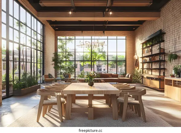 Modern Interior Design with Large Windows and Wooden Furniture
