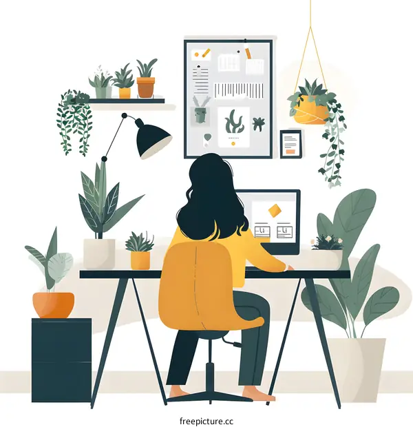 Woman Working at Home Office with Plants