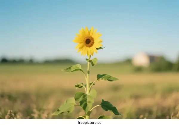 A single bright yellow sunflower standing in a vast open field