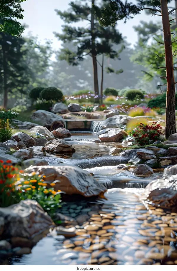 A babbling brook in a lush green forest
