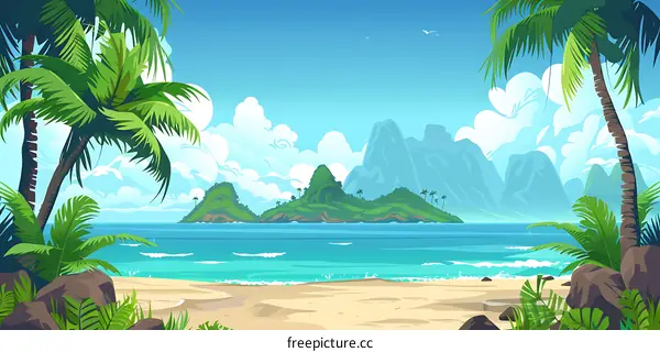 Tropical Island Landscape with Palm Trees and Mountains